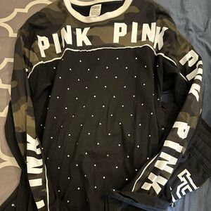 Victoria Secret PINK camo/rhinestone long sleeve tshirt.